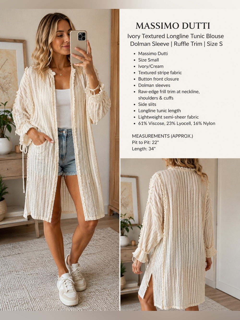 Massimo Dutti Ivory Textured Longline Tunic Blouse | Dolman Sleeve | Ruffle Trim